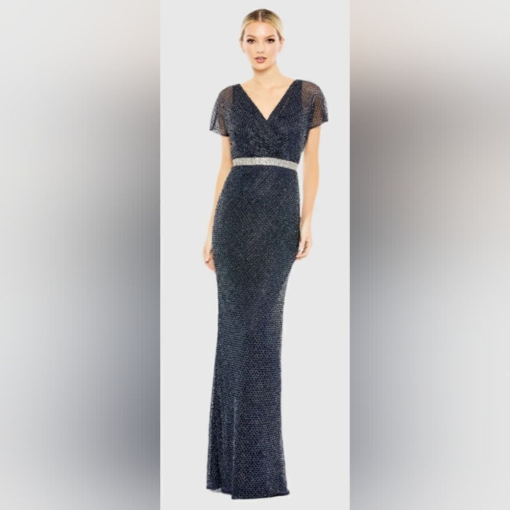 Mac Duggal 93678 Beaded Short Sleeve Column Gown NWT sz 12 Midnight Blue